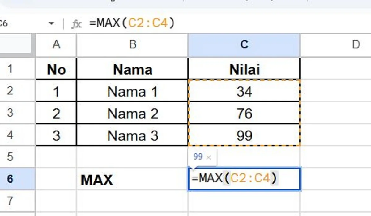 Cara Menggunakan Rumus MAX di Spreadsheet Untuk Mencari Nilai Tertinggi atau Terbesar dari Kumpulan Data