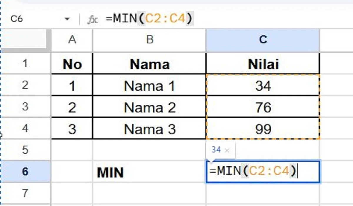 Cara Menggunakan Rumus MIN di Google Sheet Untuk Mencari Nilai Terkecil atau Terendah 1 Cara Menggunakan Rumus MIN di Google Sheet Untuk Mencari Nilai Terkecil atau Terendah