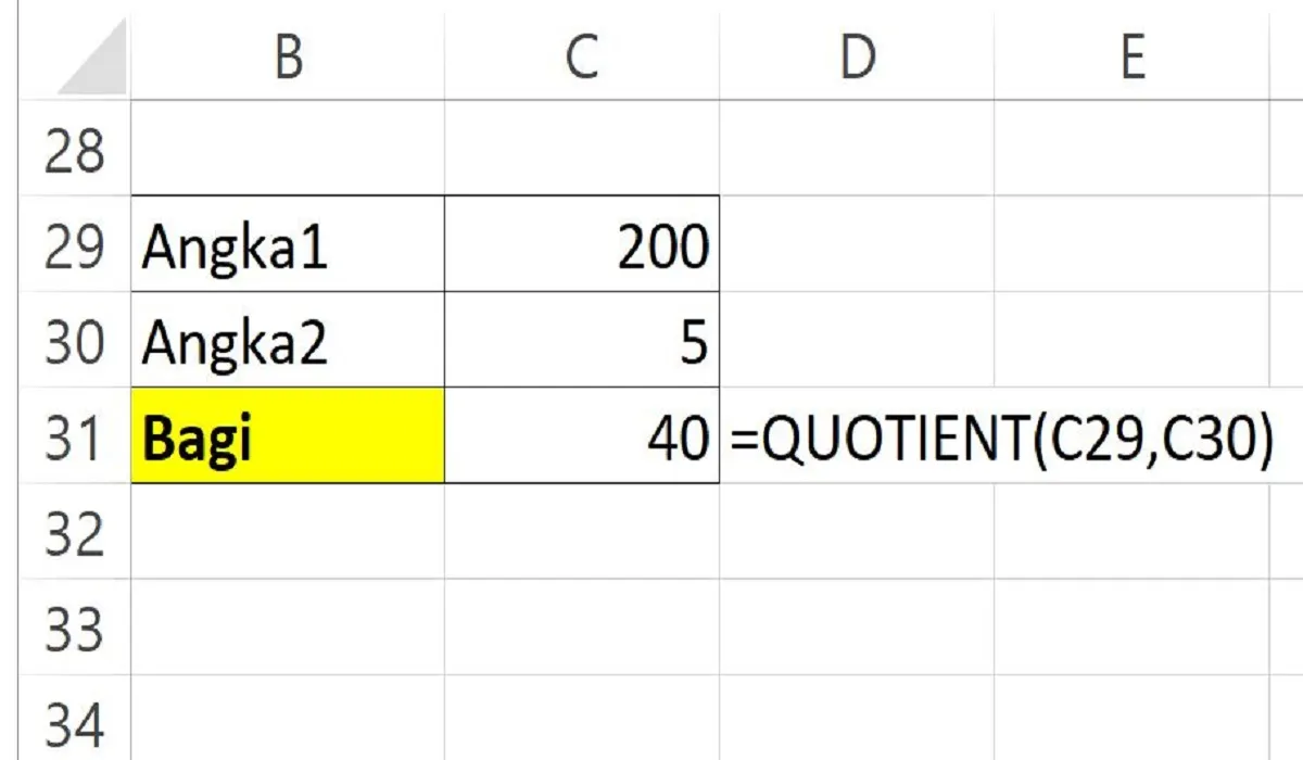 Cara Menggunakan Rumus QUOTIENT (Pembagian) di Excel 1 Cara Menggunakan Rumus QUOTIENT (Pembagian) di Excel