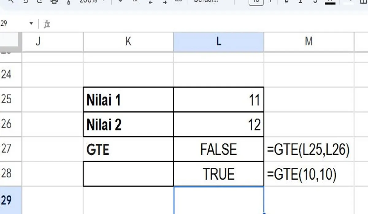 Cara Menggunakan Rumus GTE di Spreadsheet untuk Menampilkan Keterangan TRUE / FALSE Sesuai Nilai Lebih dari Sama dengan '>=' 1 Cara Menggunakan Rumus GTE di Spreadsheet untuk Menampilkan Keterangan TRUE / FALSE Sesuai Nilai Lebih dari Sama dengan '>='