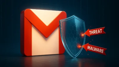 Logo Gmail dengan ikon gembok besar berwarna hijau yang melambangkan sistem keamanan Gmail yang kuat dan aman dari ancaman peretasan