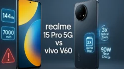 Gambar komparasi smartphone realme 15 Pro 5G vs vivo V60 yang menyoroti perbedaan fitur utama seperti layar 144Hz, baterai 7000mAh, dan kamera 3x optical zoom