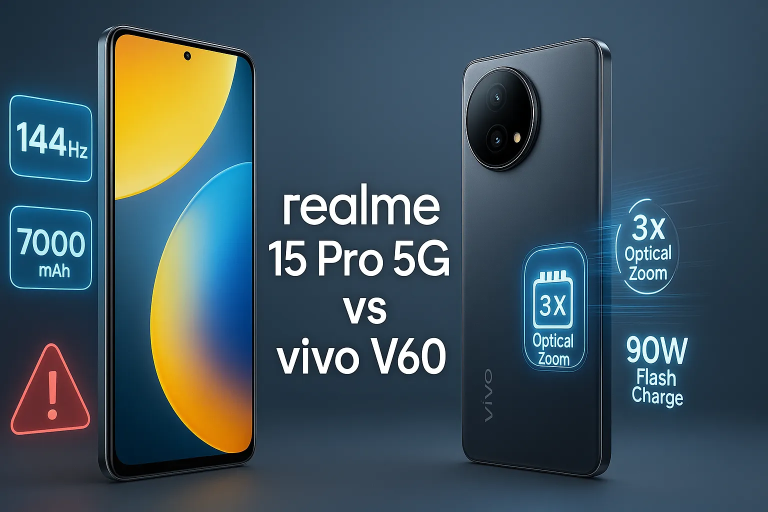 Gambar komparasi smartphone realme 15 Pro 5G vs vivo V60 yang menyoroti perbedaan fitur utama seperti layar 144Hz, baterai 7000mAh, dan kamera 3x optical zoom