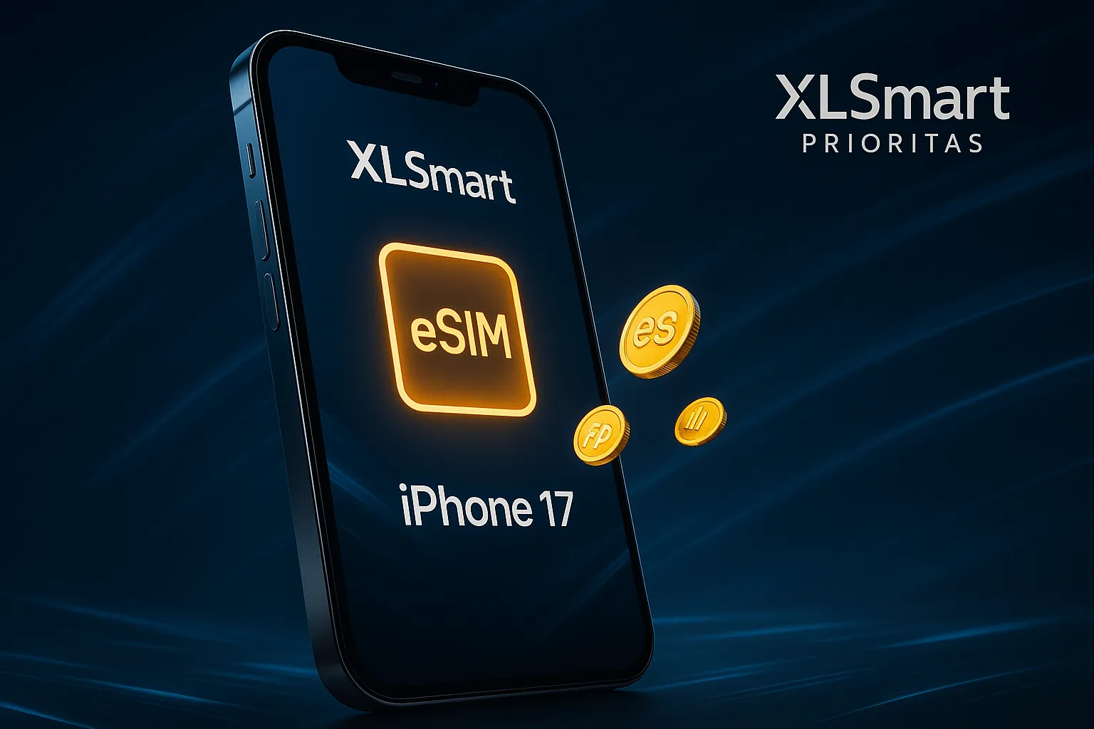 Tampilan iPhone 17 dengan logo XLSmart dan simbol eSIM di layar, bagian dari promo bundling iPhone 17 XLSmart terbaru