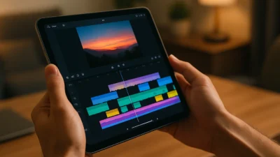Gambar seorang content creator sedang mengedit video ringan menggunakan tablet 1 jutaan edit video dengan layar besar dan tampilan CapCut