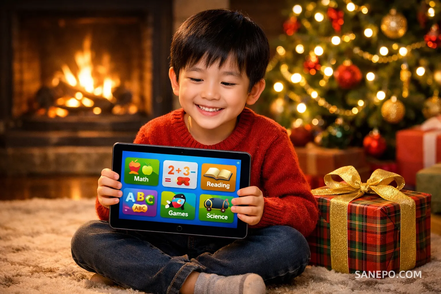 Ilustrasi anak menerima hadiah Natal berupa tablet edukasi dengan dukungan kartu SIM 4G LTE