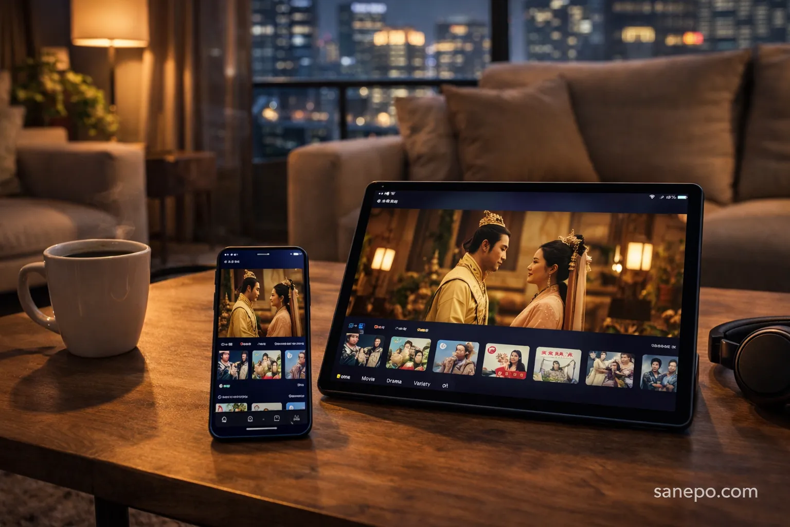 Ilustrasi antarmuka aplikasi nonton drama China gratis dan legal di smartphone dan tablet.