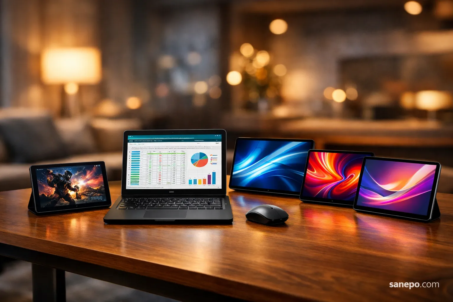 Ilustrasi jajaran tablet terbaik 2025 mulai dari Samsung Galaxy Tab A11 hingga Headwolf Titan One di atas meja kerja modern.