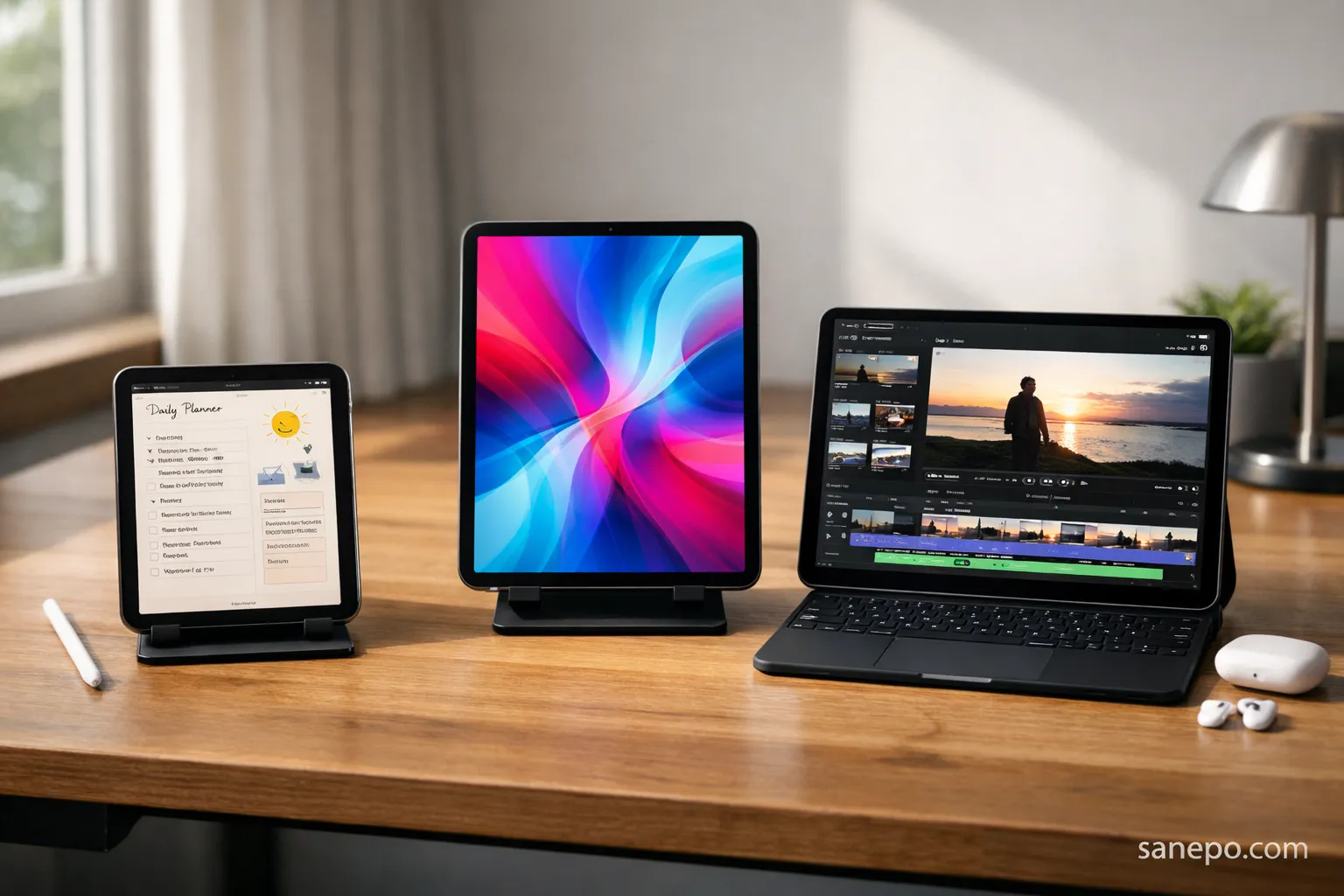 Ilustrasi perbandingan ukuran dan layar rekomendasi harga iPad murah 2025 mulai dari Mini, Air, hingga Pro di atas meja kerja.