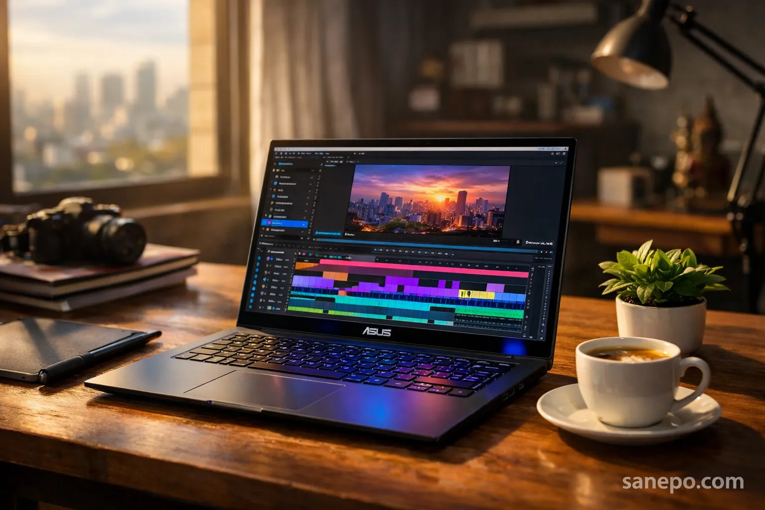 Ilustrasi ruang kerja desainer grafis dengan laptop ASUS layar OLED menampilkan software editing video untuk konten kreator.
