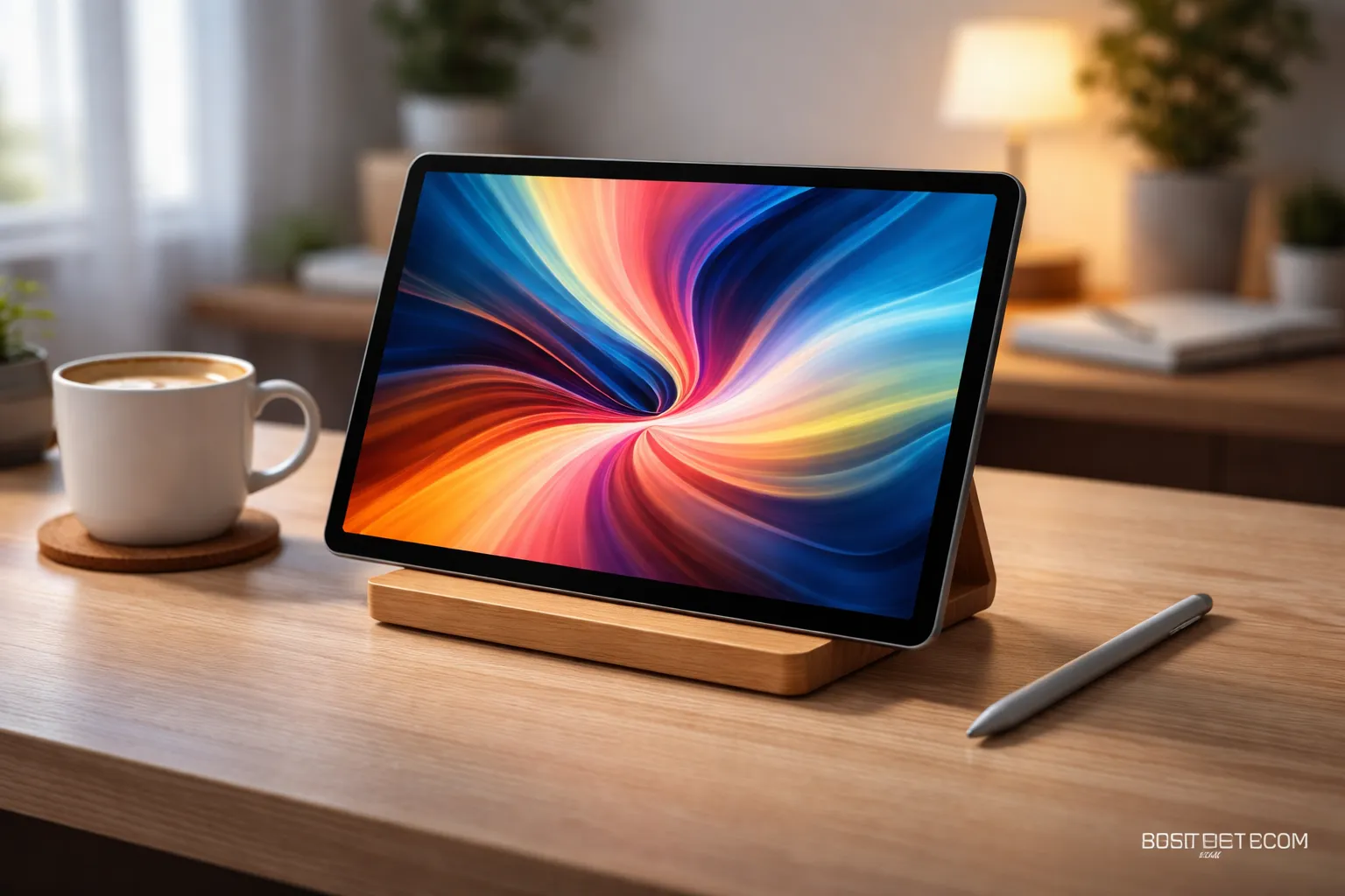 Ilustrasi tablet Android murah dengan desain premium bezel tipis dan dukungan stylus