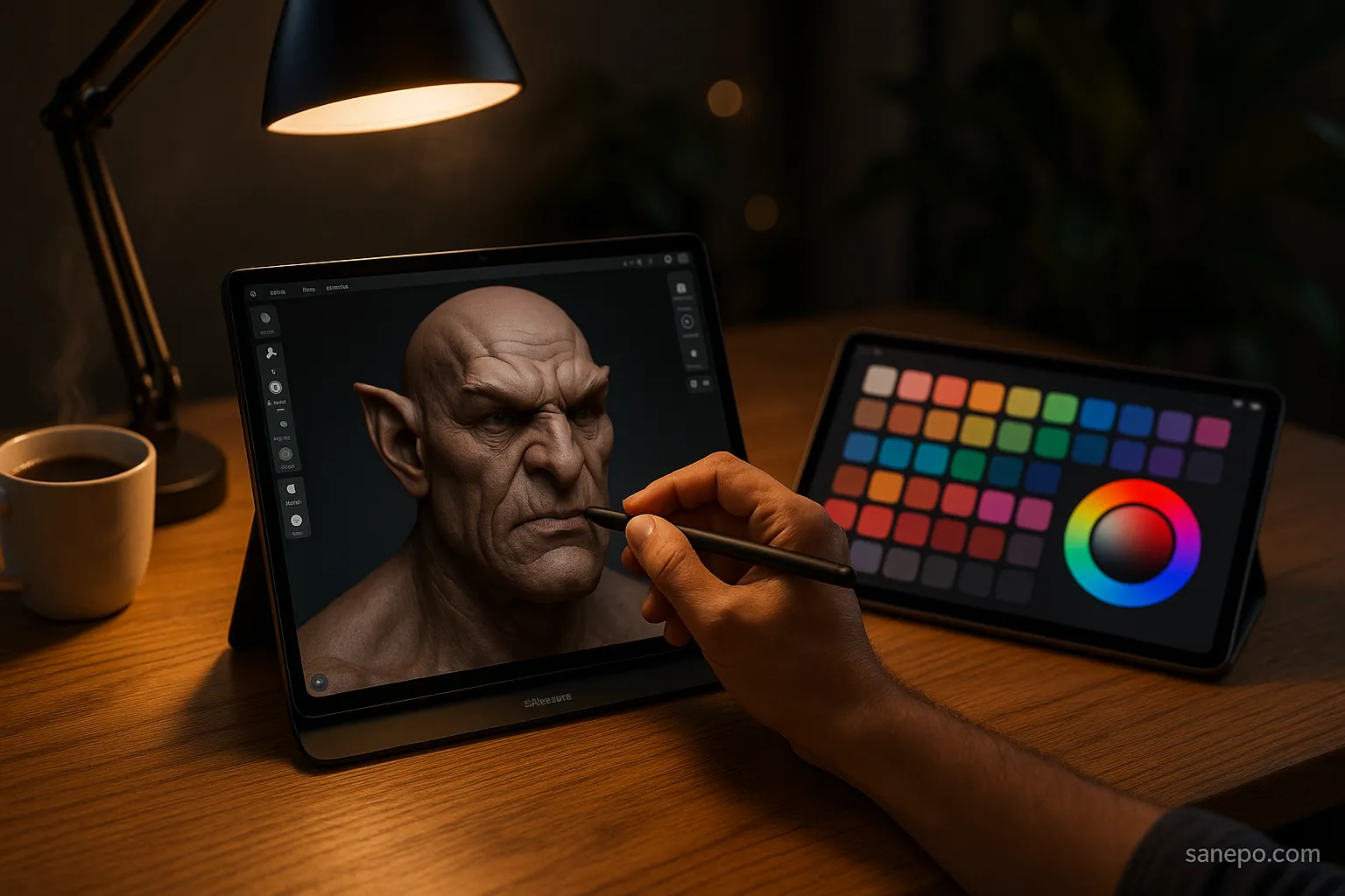 Ilustrasi tablet desain grafis Samsung dan iPad Pro dengan stylus pen untuk menggambar proyek 3D