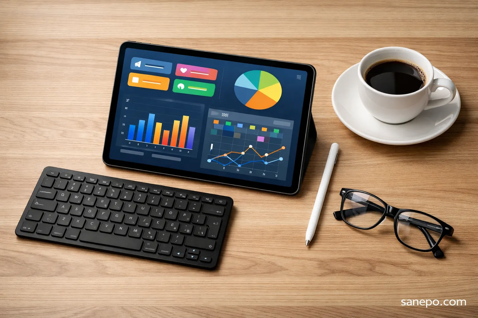 Ilustrasi tablet murah terbaik 2025 dengan keyboard dan stylus di atas meja kerja kayu minimalis.