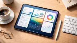 Ilustrasi tablet murah terbaik 2025 dengan keyboard dan stylus di atas meja kerja minimalis