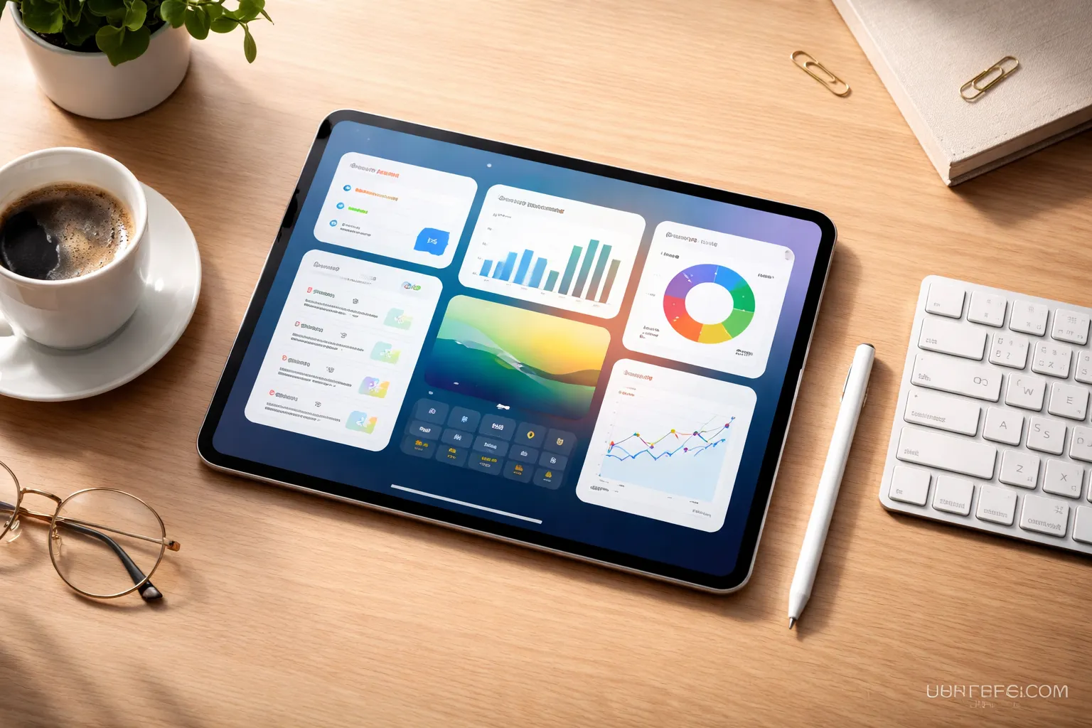 Ilustrasi tablet murah terbaik 2025 dengan keyboard dan stylus di atas meja kerja minimalis
