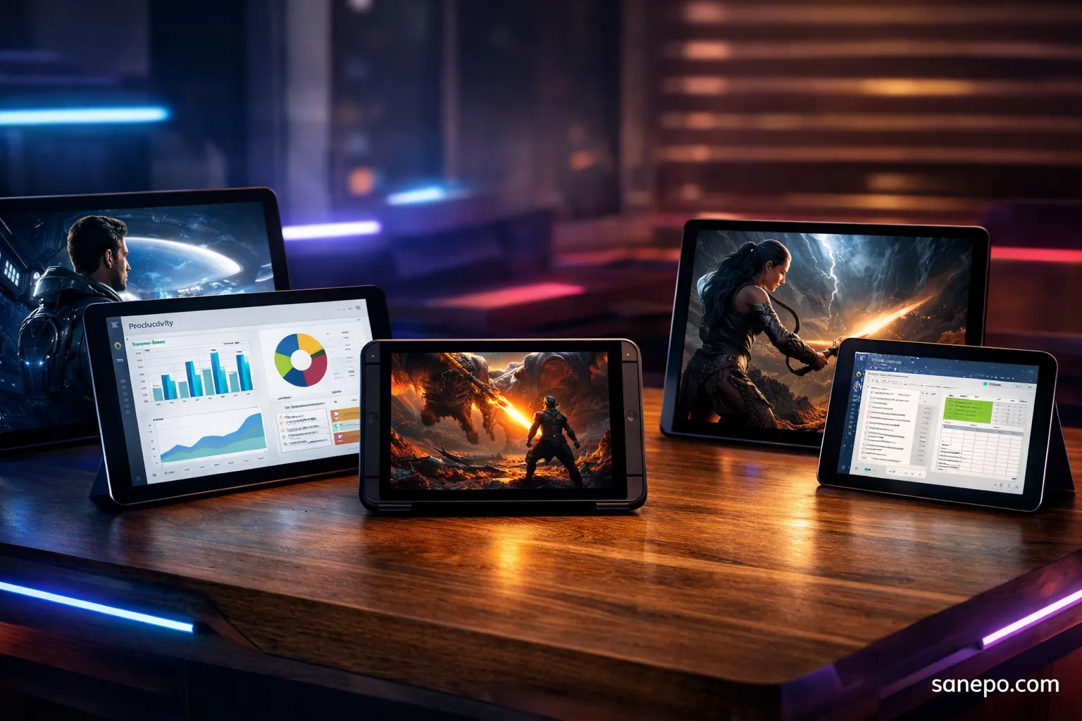 Jajaran 5 tablet terbaru 2025 terbaik dari Samsung, Poco, dan Headwolf di atas meja kerja modern.