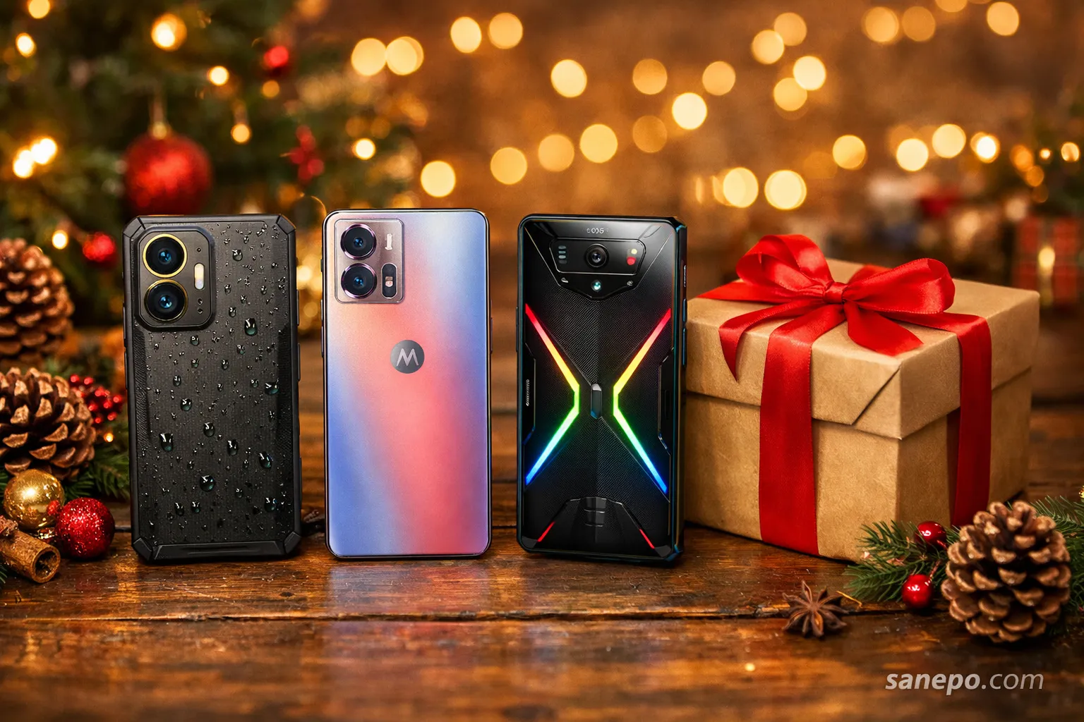 Jajaran rekomendasi HP 2 jutaan terbaik untuk kado Natal 2025, termasuk realme C85 dan Samsung Galaxy A07 di atas meja berhias dekorasi Natal