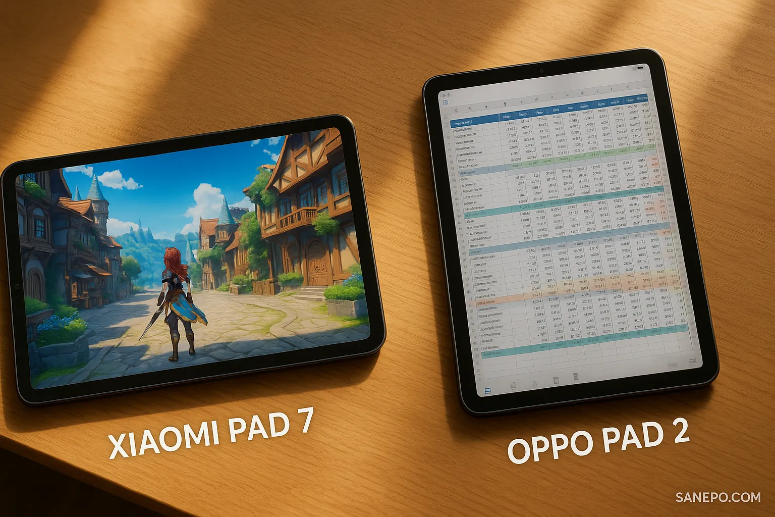 Perbandingan tablet Android spek dewa Xiaomi Pad 7 dan Oppo Pad 2 dengan layar 144Hz di atas meja kerja