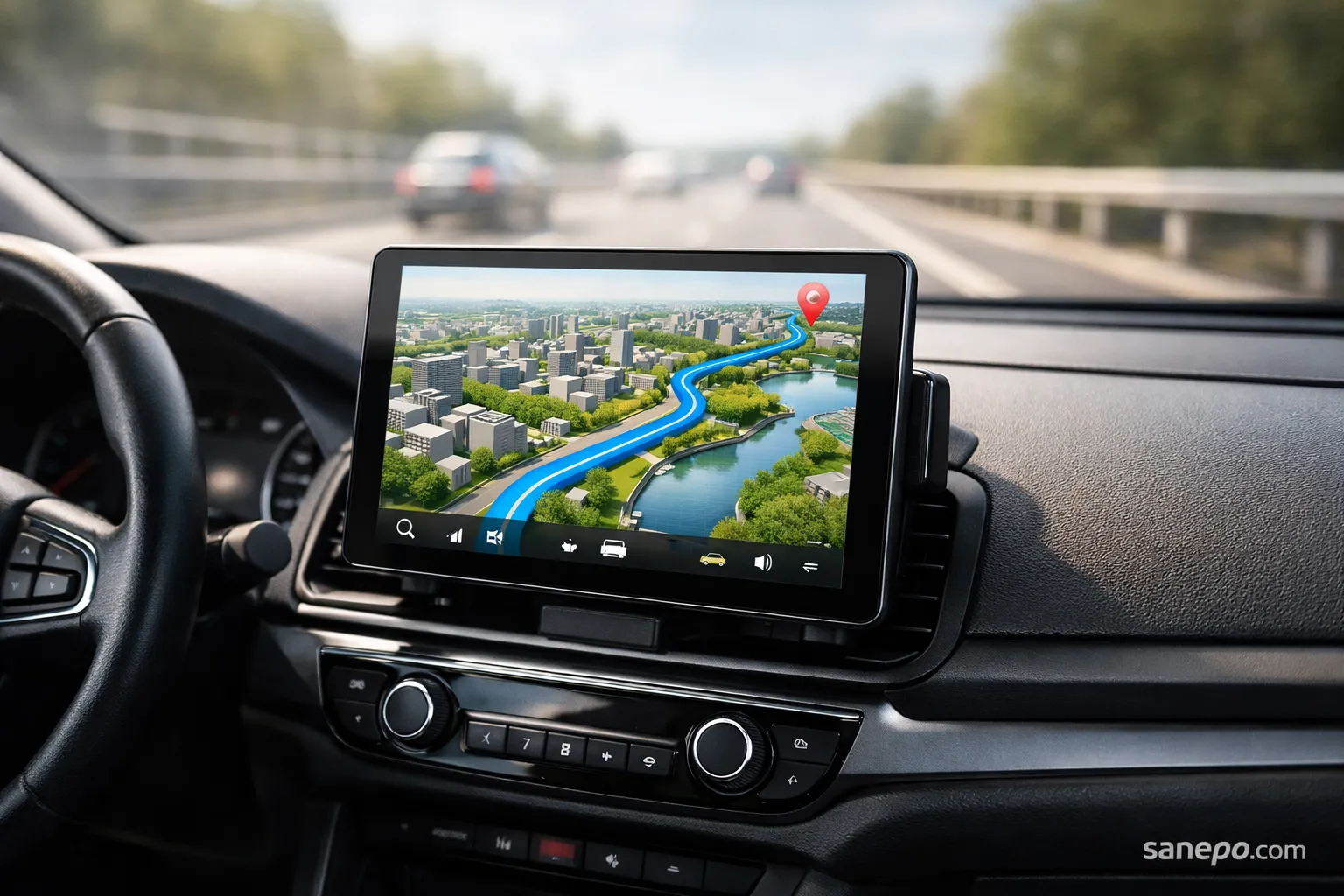 Tablet Android terpasang pada dashboard mobil menampilkan aplikasi peta navigasi GPS dengan layar cerah dan mounting yang kokoh