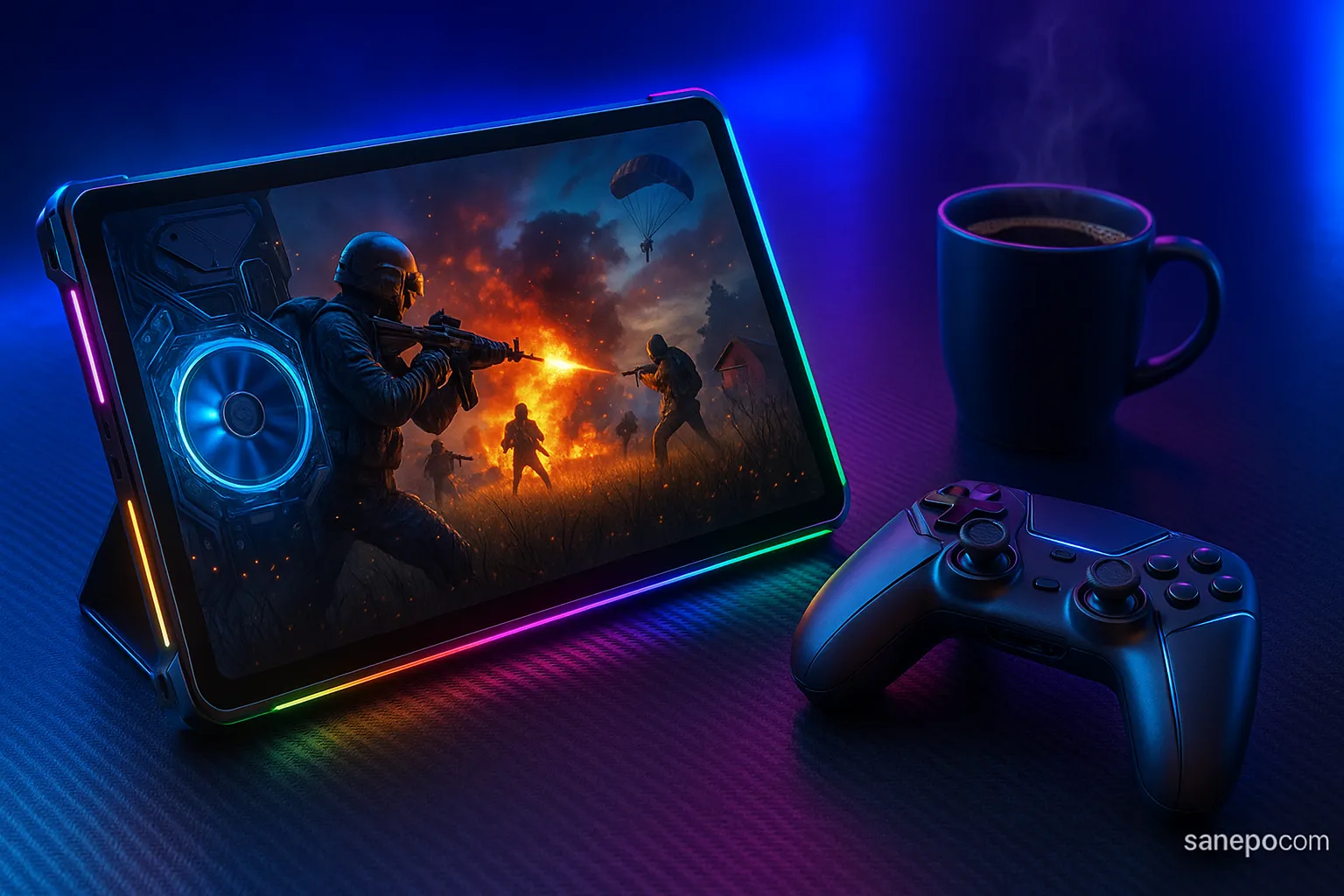Tablet gaming premium 2025 dengan layar 144Hz dan sistem pendingin RGB di atas meja.