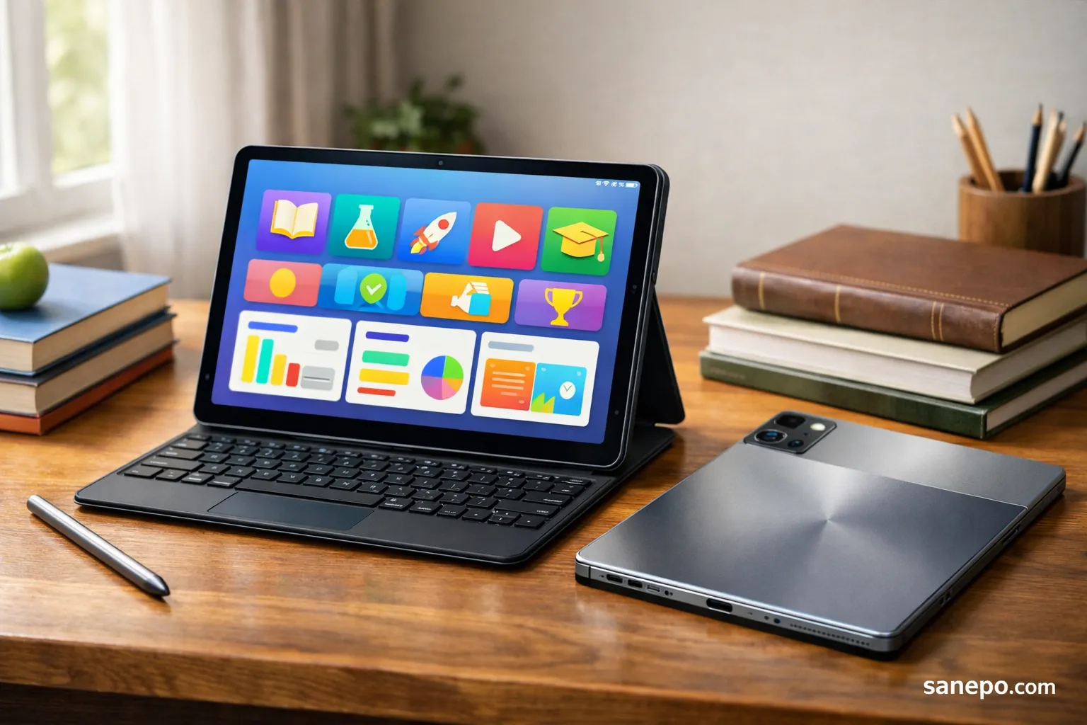 Tampilan 5 varian tablet Infinix Xpad GT terbaru di atas meja belajar dengan fitur pendukung produktivitas siswa