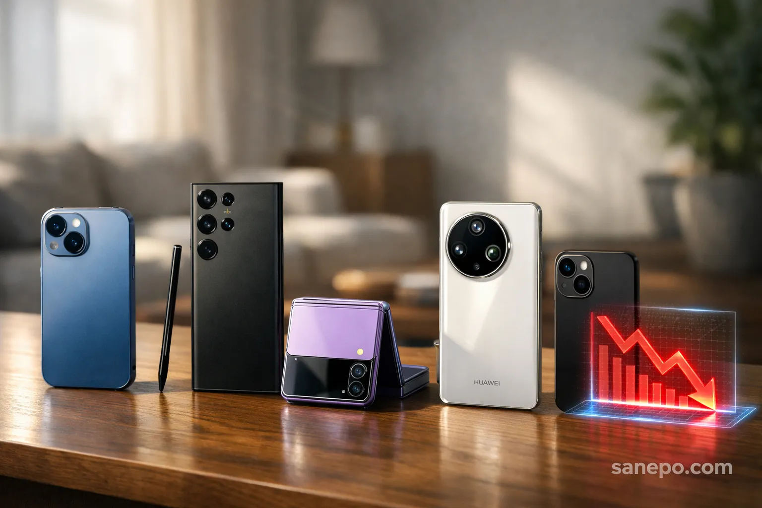 Ilustrasi 5 HP flagship rekomendasi yang turun harga di awal 2026, termasuk iPhone 15, Samsung Galaxy S25 Ultra, dan Huawei Pura 80 Pro di atas meja.