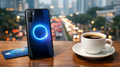 Ilustrasi HP murah dengan NFC harga 1 jutaan RAM 6 GB di atas meja kayu dengan kartu e-money.