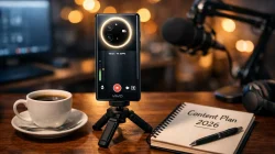 Ilustrasi content creator menggunakan HP vivo kamera jernih seri terbaru dengan fitur Aura Light untuk merekam vlog