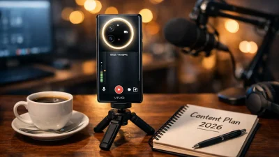 Ilustrasi content creator menggunakan HP vivo kamera jernih seri terbaru dengan fitur Aura Light untuk merekam vlog