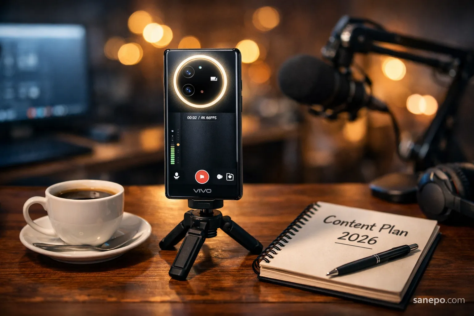 Ilustrasi content creator menggunakan HP vivo kamera jernih seri terbaru dengan fitur Aura Light untuk merekam vlog