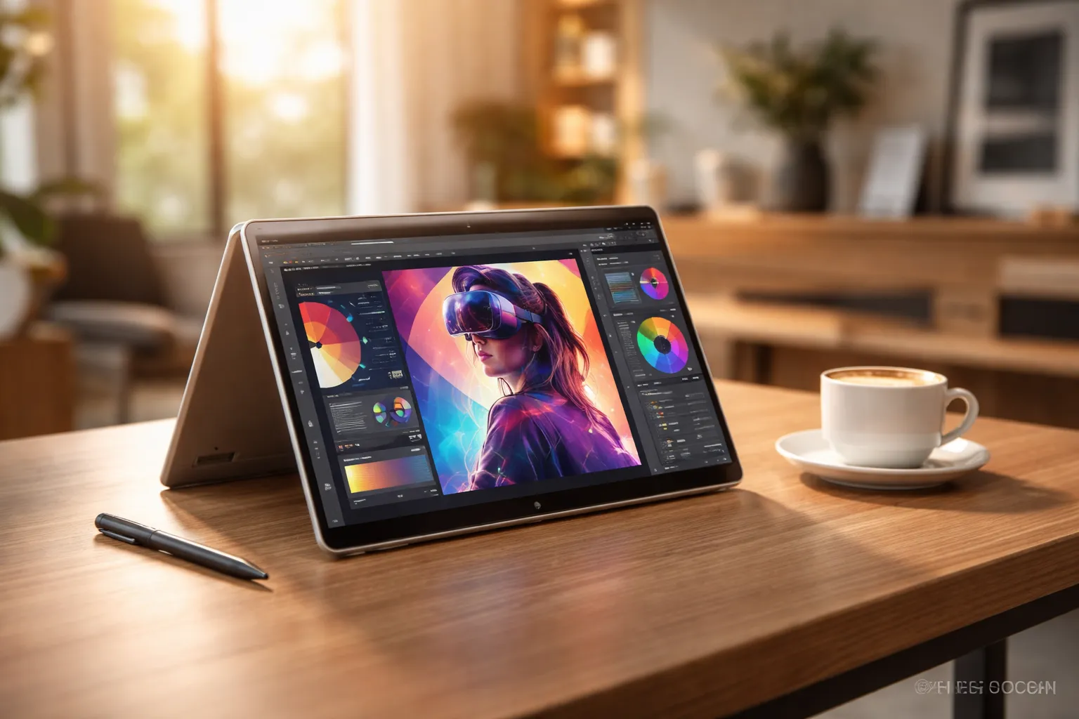 Ilustrasi laptop 2-in-1 terbaik 2026 dalam mode tenda di atas meja kerja modern