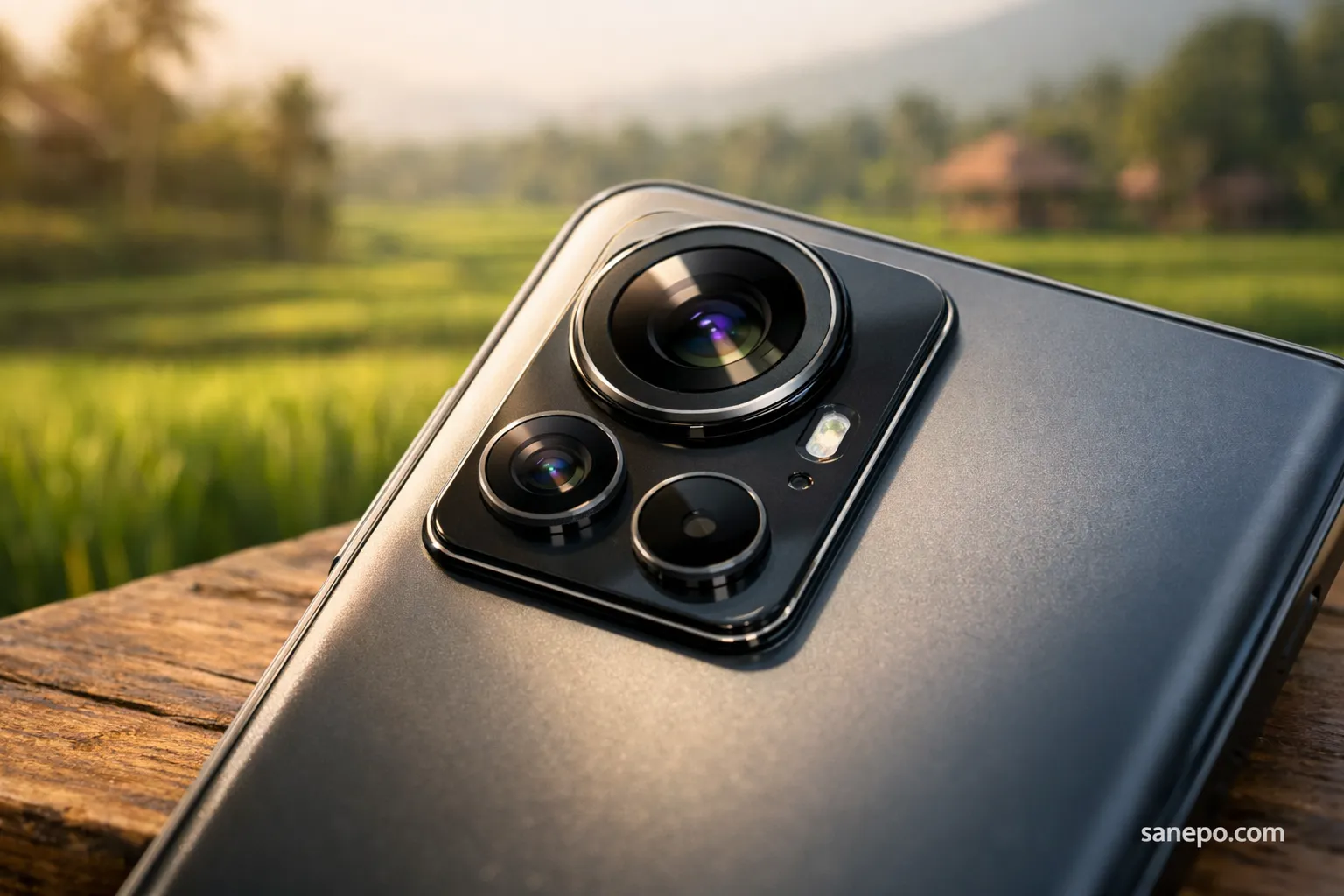 Ilustrasi modul kamera smartphone 108MP pada HP harga 2 jutaan dengan latar belakang pemandangan alam