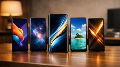 Jajaran 5 HP Infinix RAM 8GB termurah tahun 2026 mulai dari Smart 9 Pro hingga Hot 50 Pro Plus di atas meja kayu.