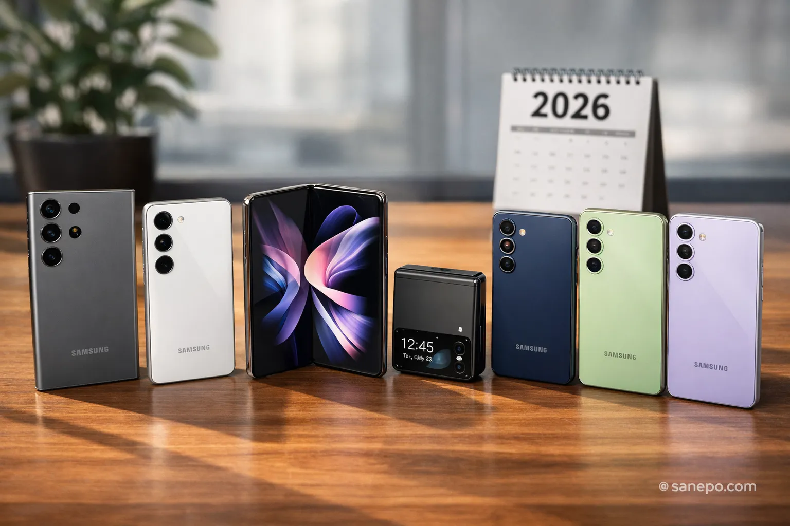 Jajaran 7 rekomendasi HP Samsung terbaru 2026 termasuk Galaxy S25 Ultra dan Galaxy A55 5G di atas meja kayu.