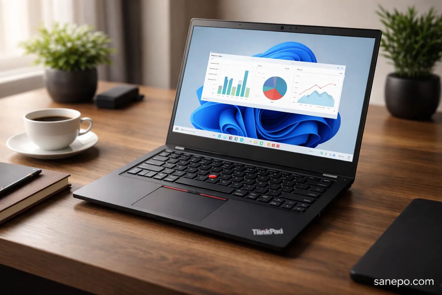Laptop Lenovo ThinkPad bekas Intel Gen 10 seri T14s di meja kerja profesional dengan layar menampilkan grafik produktivitas.