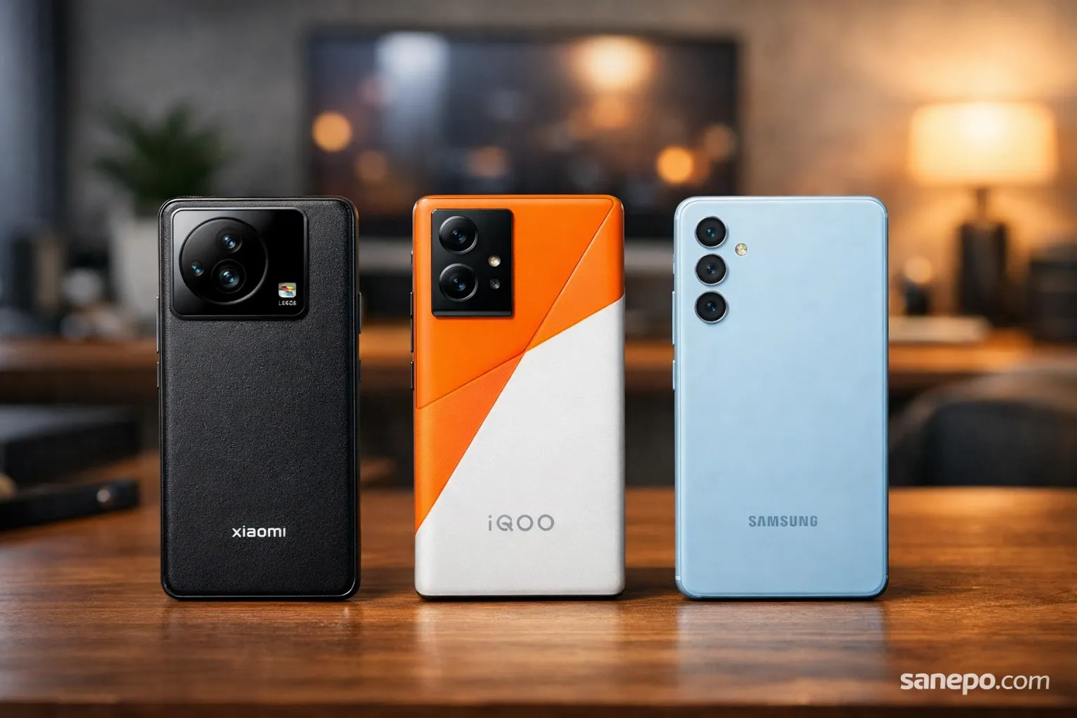 Perbandingan HP terbaik harga 5-6 juta antara Xiaomi 14T, iQOO Neo 10, dan Samsung Galaxy A56 di atas meja kayu.