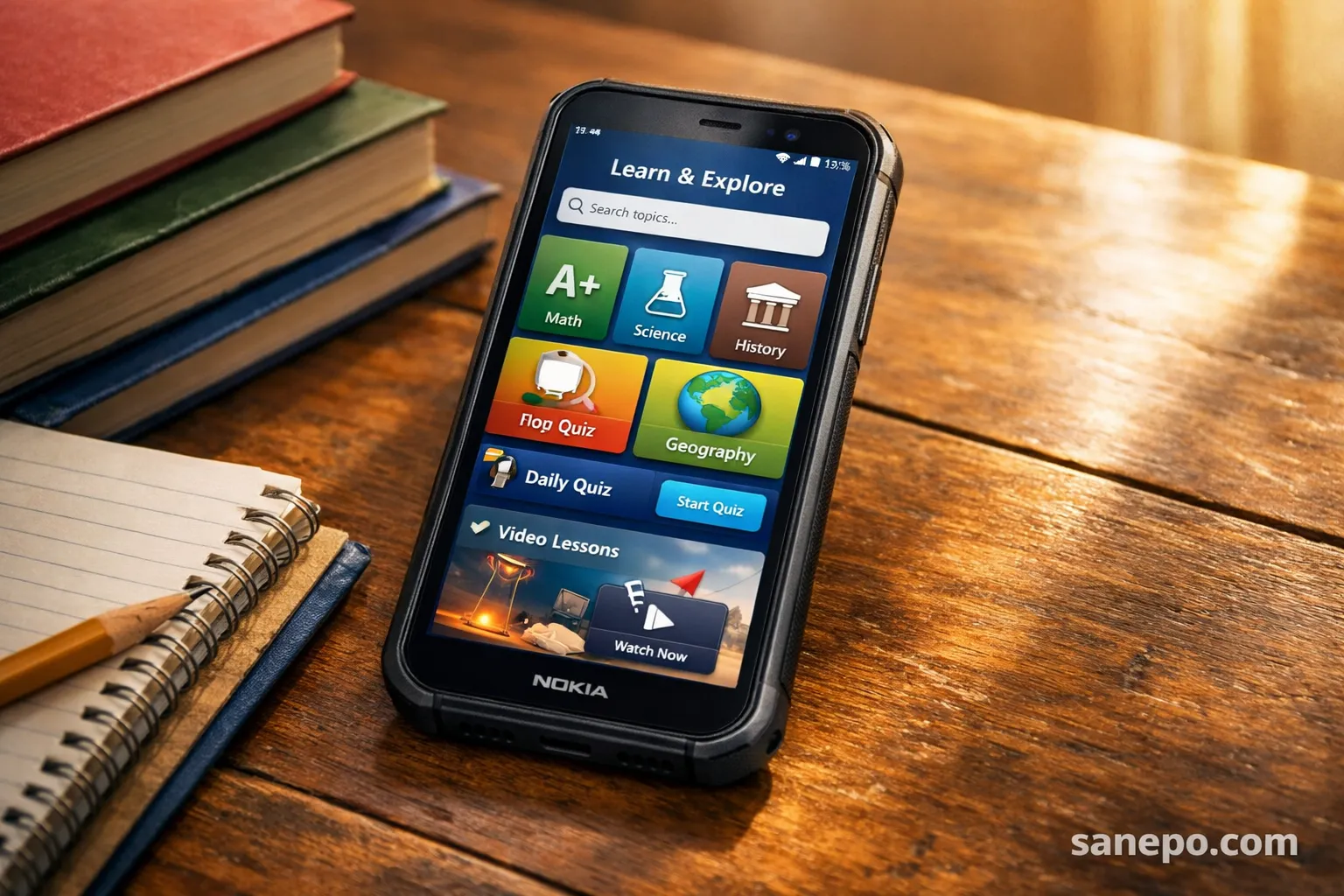 Rekomendasi HP Nokia untuk pelajar di atas meja belajar dengan buku tulis