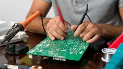 Seseorang sedang memperbaiki atau membuka kunci smartphone yang terkunci di meja teknisi